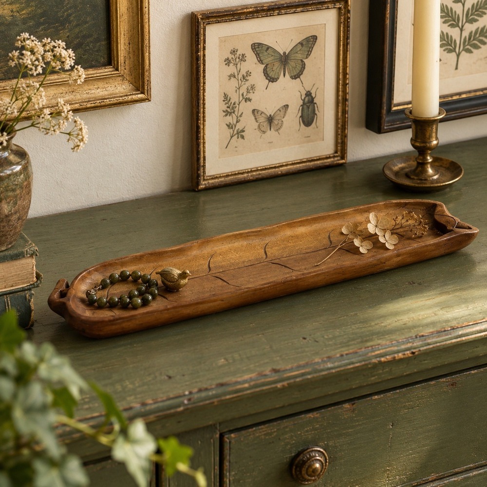 Vintage Carved Wood Catchall Tray, Long Leaf Jewelry Dish, MCM Decor